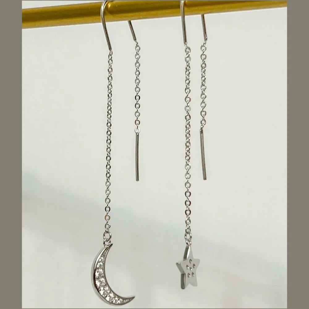 Crescent Moon & Star Drop Earrings, Night Sky Drop Earrings, Bridesmaid Jewelry - Picture 5 of 12
